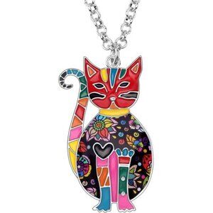 Floral Cat Necklace Enamel Kitten Pendant on Alloy Chain Jewelry for Cat Lovers